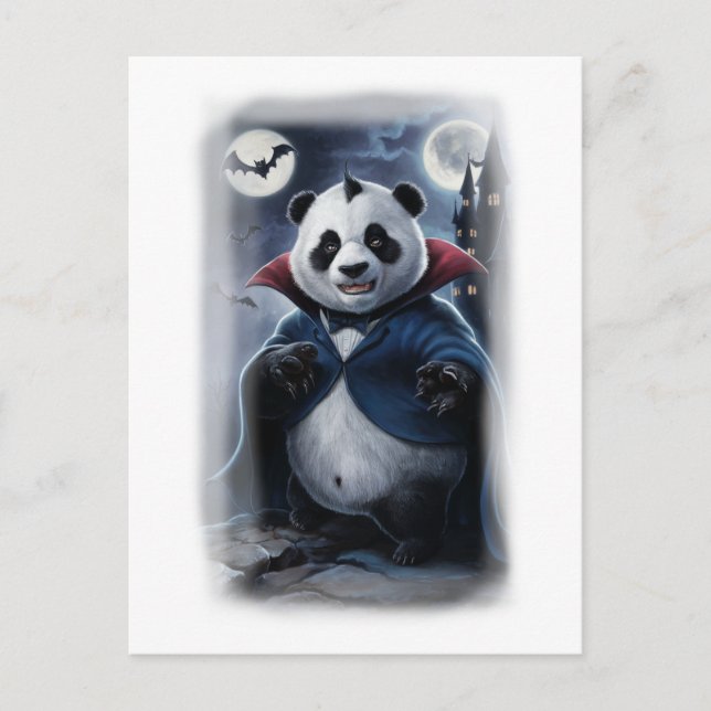 Postal Festiva Un divertido panda Drácula en blanco (Anverso)