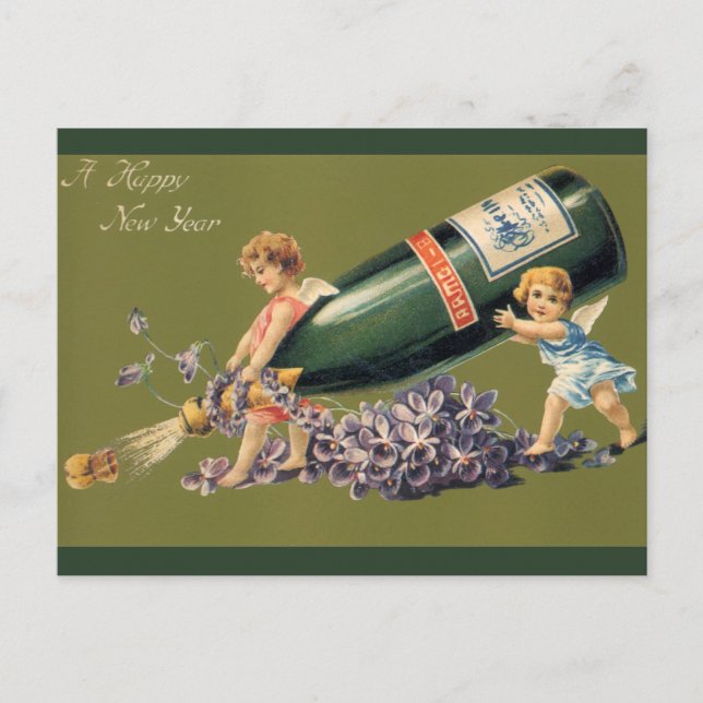 Postal Festiva Un feliz año nuevo, ángeles de época con champán (Anverso)