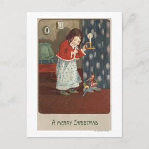 Postal Festiva Un feliz ChristmasGirl que sostiene una palmatoria