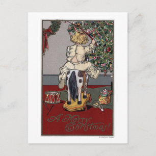 Postal Festiva Un feliz ChristmasKid en un caballo mecedora