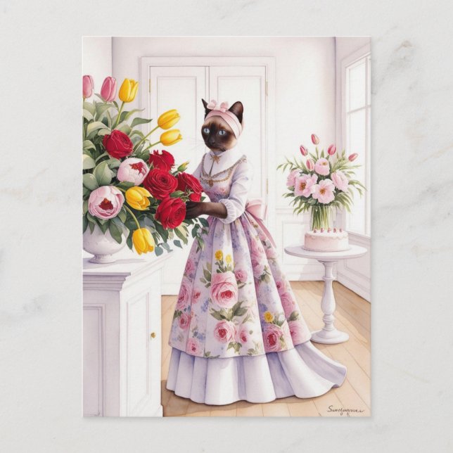 Postal Festiva Un gato encantador arregla cuidadosamente una herm (Anverso)