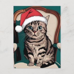 Postal Festiva Un gato lindo con el gorra de navidades