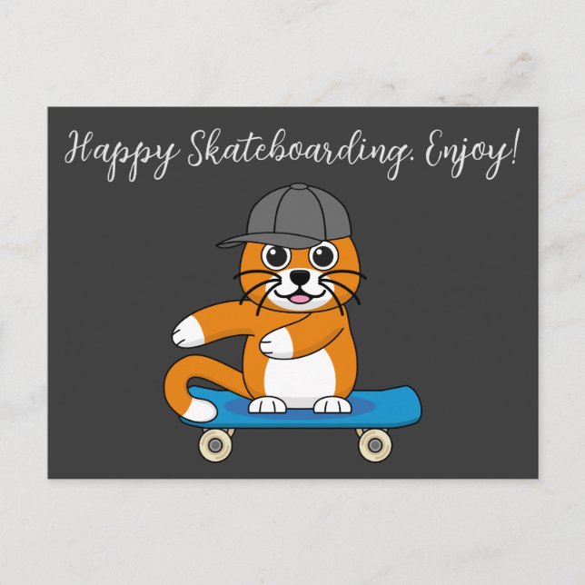 Postal Festiva Un gato Naranja lindo en un Personalizado de skate (Anverso)