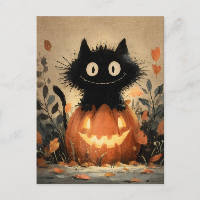 Postal Festiva Un gato negro de Halloween con una linterna de Jac (Anverso)