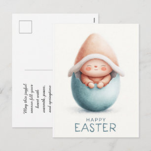 Postal Festiva un gnomo lindo asomándose desde un huevo de Pascua