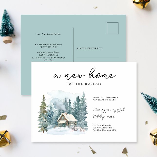 Postal Festiva Un Hogar Nuevo Invierno Acuarela Cabaña Script Mud (Subido por el creador)