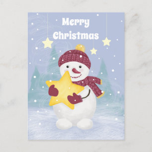Postal Festiva Un hombre de nieve lindo sostiene una estrella