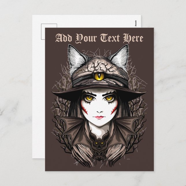 Postal Festiva Un retrato cursi de bruja de Gato de Brujas Hallow (Anverso / Reverso)