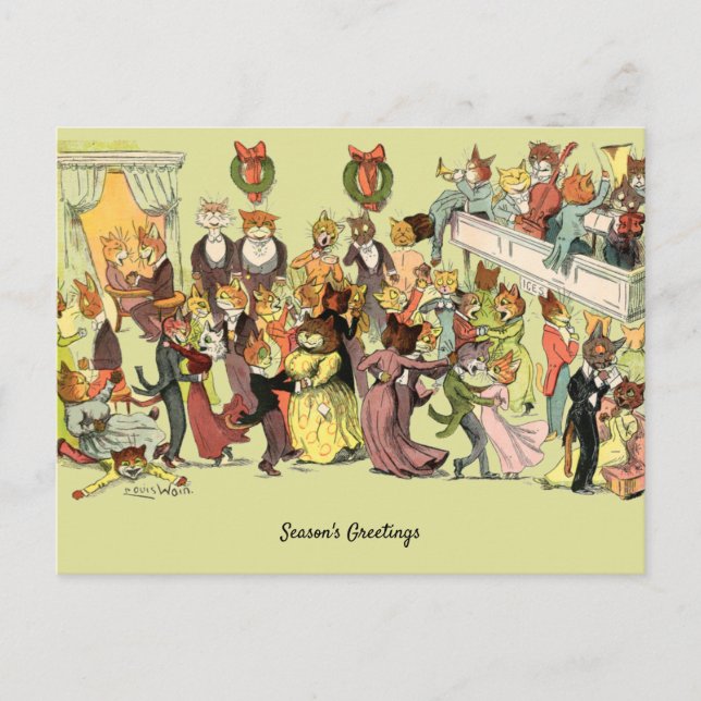 Postal Festiva Una bola de Navidades en Catsville por Louis Wain (Anverso)