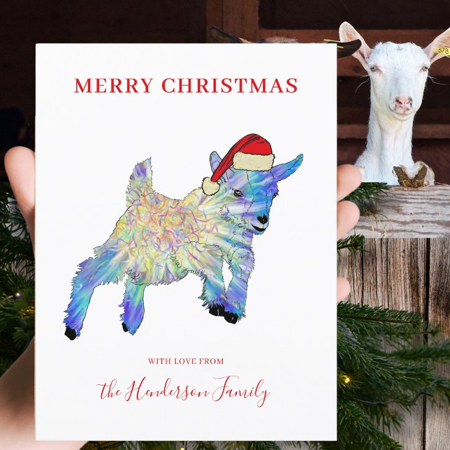 Postal Festiva Una cabra linda con un sombrero de Papá Noel (Merry Christmas cute jumping goat wearing a Santa hat illustration custom holiday budget postcard)