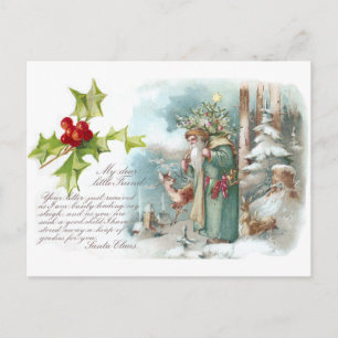 Postal Festiva Una carta de Santa con un abrigo verde