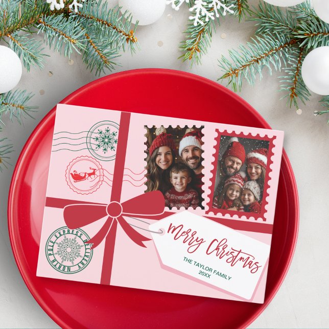 Postal Festiva Único obsequio rosa rojo de regalo de foto de rega (christmas card designed to look like a gift with a ribbon and bow)