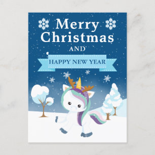 Postal Festiva Unicornio de Navidades morados y blancos festivos