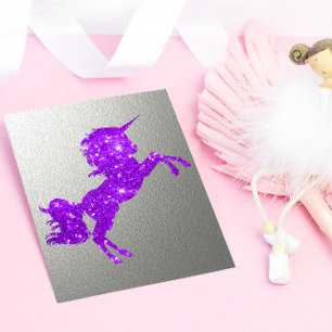 Postal Festiva Unicornio morado Purpurina y plata metálica