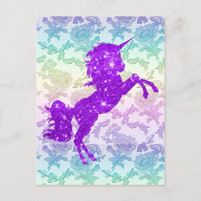 Postal Festiva Unicornio morado sobre encaje arco iris (Anverso)