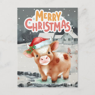 Postal Festiva Vaca con sombrero santa a la vista de la noche de 