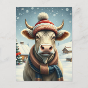 Postal Festiva Vaca cultivada con atuendo de invierno precoz e in
