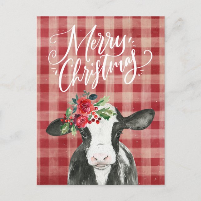 Postal Festiva Vaca de Navidades de Red Plaid (Anverso)