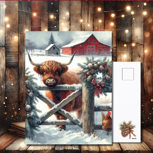 Postal Festiva Vaca de tierras altas en los Navidades agrícolas