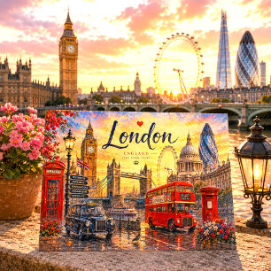 Postal Festiva Vacaciones con Paisaje Urbano de Londres Retro Vin