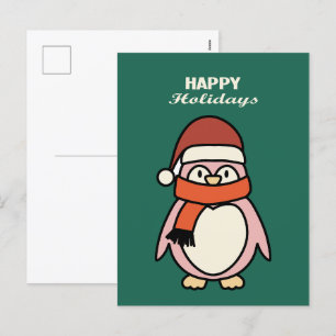 Postal Festiva vacaciones felices pingüino rosa