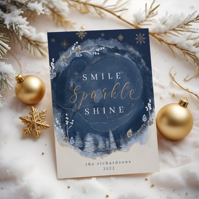 Postal Festiva Vacaciones nocturnas de invierno con tinta de colo (Navy Watercolor Ink & Jewels Winter NNavy Watercolor Ink & Jewels Winter Night Holidayight Holiday)