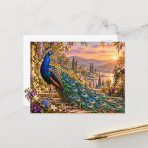 Postal Festiva Valentín del Pavo Real Elegante en Jardín Dorado