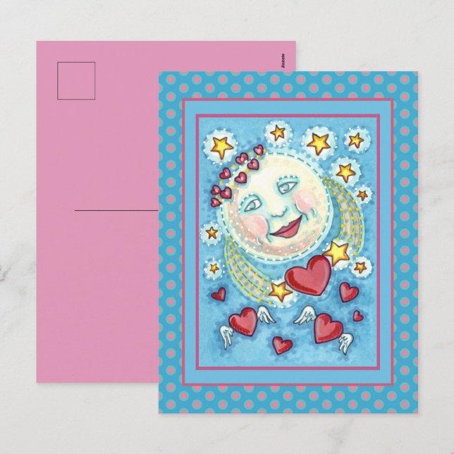 POSTAL FESTIVA VALENTINA EN LA LUNA, ESTRELLAS Y CORAZONES FUERTE (Anverso / Reverso)