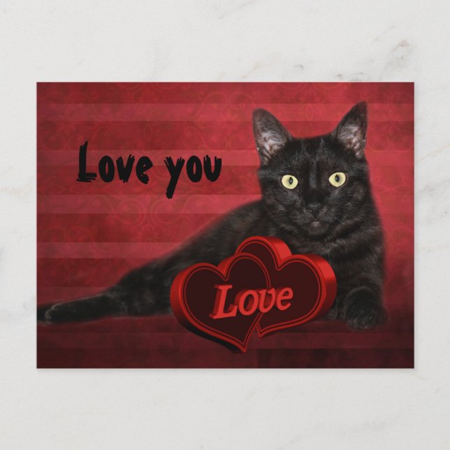Postal Festiva Valentine de gato negro (Anverso)