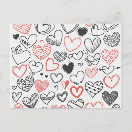 Postal Festiva Valentine doodle corazones hipster rojo y negro