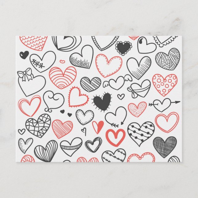 Postal Festiva Valentine doodle corazones hipster rojo y negro (Anverso)