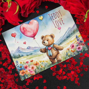 Postal Festiva Valentine Teddy Bear sosteniendo globo en forma de