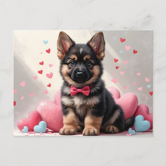 Postal Festiva Valentine's Day German Shepherd Puppy with Hearts (Anverso)