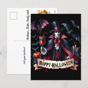 Postal Festiva Vampiro y murciélagos asustados - Feliz Halloween