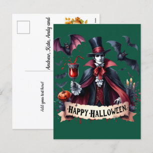 Postal Festiva Vampiro y murciélagos asustados - Feliz Halloween