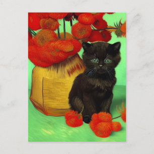 Postal Festiva Van Gogh Black Kitten Red Flowers