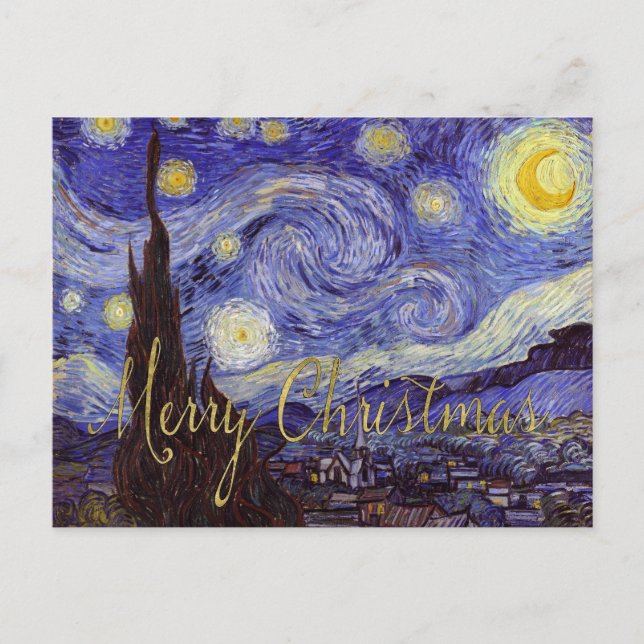 Postal Festiva Van Gogh Starry Night Merry Christmas Gold Art (Anverso)