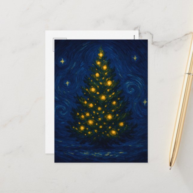 Postal Festiva Van Gogh-style Christmas Tree Postcard (Anverso/Reverso In Situ)