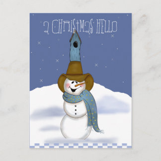 Postal Festiva Vaquero hombre de nieve con casa de pájaros