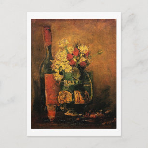 Postal Festiva Vase con claveles y Rosas y una botella