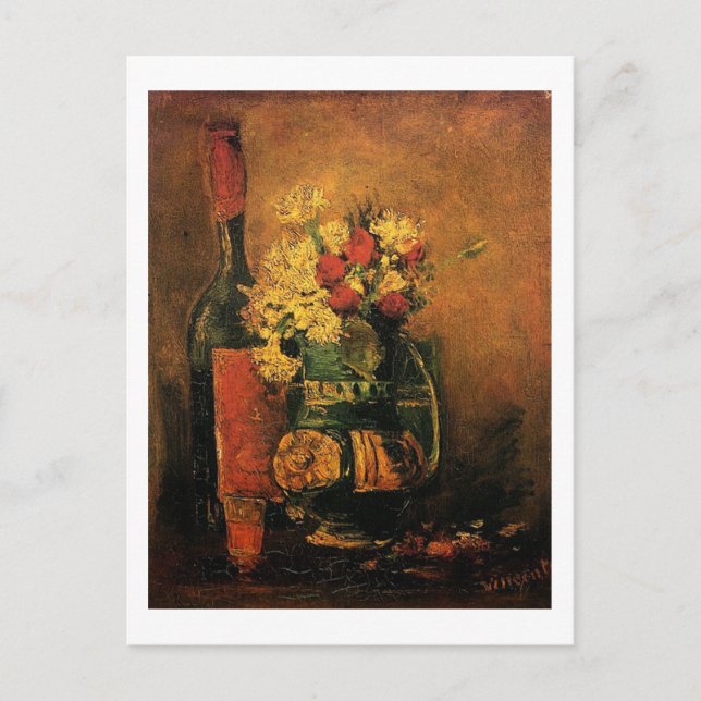 Postal Festiva Vase con claveles y Rosas y una botella (Anverso)
