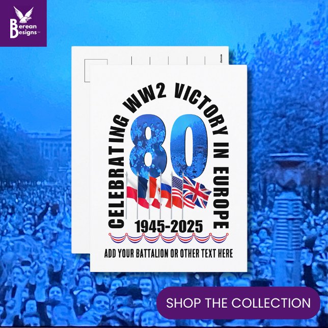 Postal Festiva VE DAY 80 Aniversario de la victoria en Europa Seg (Victory in Europe VE Day 80th Anniversary postcard with customizable text to send to family/friends)