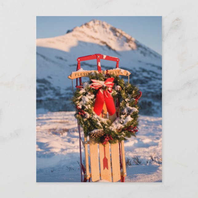 Postal Festiva Vegado en nieve con corona de Navidades (Anverso)