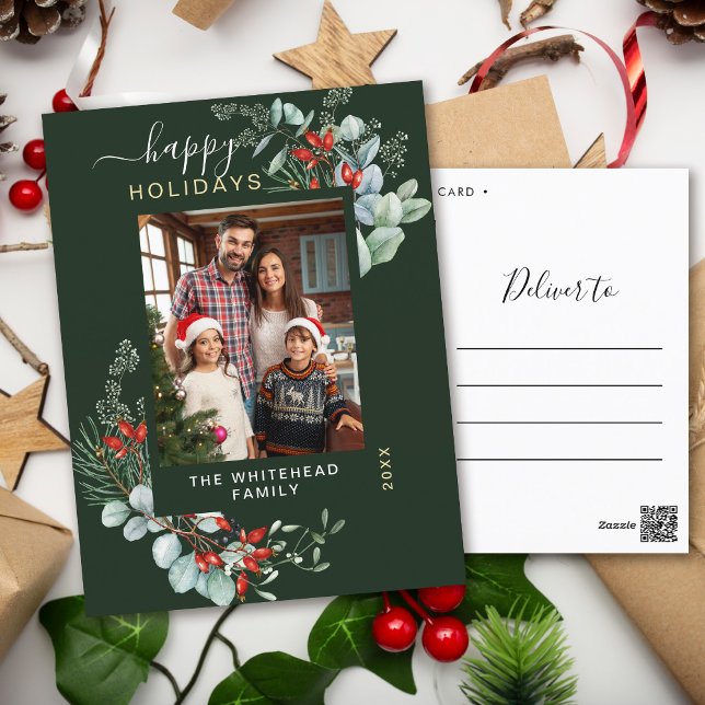 Postal Festiva Vegetación acuarela Elegante bosque verde (You will love these beautiful Christmas cards! They feature botanical watercolor pine and berries.)