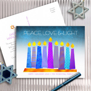 Postal Festiva Velas boho de Hanukkah Turquesa Paz Amor Luz
