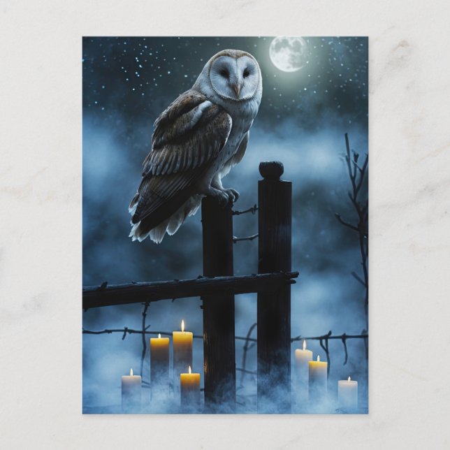 Postal Festiva Velas de búho gótico cerca de la luna (Anverso)