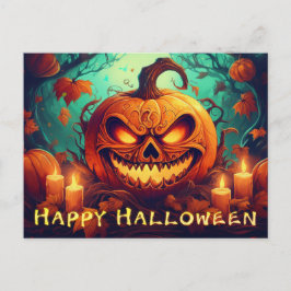 Postal Festiva Velas de calabaza brillante Árboles retorcidos Art
