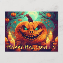 Postal Festiva Velas de Calabaza de Ojos Turquesa Luna Llena Hall
