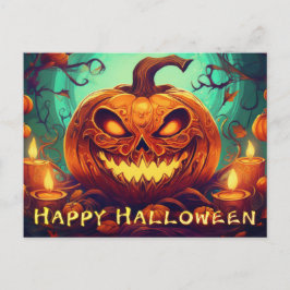 Postal Festiva Velas de Calabaza Dentada Brillan Arte de Hallowee
