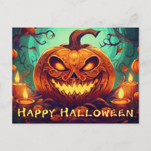 Postal Festiva Velas de Calabaza Dentada Brillan Arte de Hallowee